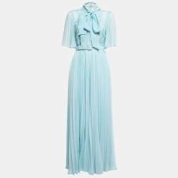 Self-Portrait Light Blue Chiffon Lace Trimmed Bow Detail Belted Maxi Dress S