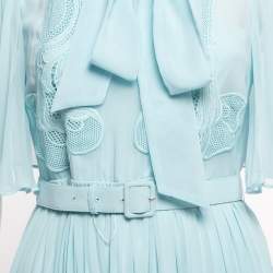 Self-Portrait Light Blue Chiffon Lace Trimmed Bow Detail Belted Maxi Dress S
