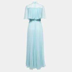 Self-Portrait Light Blue Chiffon Lace Trimmed Bow Detail Belted Maxi Dress S