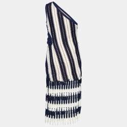 Self-Portrait Navy Blue & White Crochet Knit One Shoulder Cut Out Detail Midi Dress M