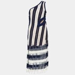 Self-Portrait Navy Blue & White Crochet Knit One Shoulder Cut Out Detail Midi Dress M