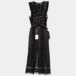 Self-Portrait Black Suede & Lace Cutwork Slit Midi Dress S