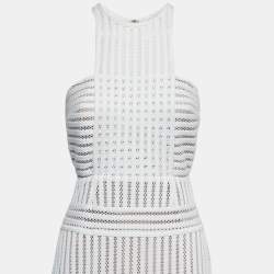Pre Owned Self-Portrait White Striped Mesh Column Midi Dress M