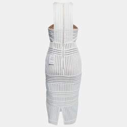 Pre Owned Self-Portrait White Striped Mesh Column Midi Dress M