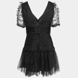 Self-Portrait Black Polka Dotted Tulle Crystal Embellished V-Neck Mini Dress M