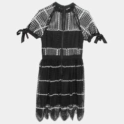 Pre Owned Self-Portrait Black Crochet Overlay Short Sleeve Mini Dress S