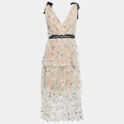 مملوكة مسبقًا Self-Portrait Beige Sequin Embroidered Tulle Tiered Midi Dress M