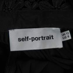 Pre Owned Self-Portrait Black Guipure Lace & Organza Trim Pleated Adeline Dress M