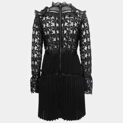 Pre Owned Self-Portrait Black Guipure Lace & Organza Trim Pleated Adeline Dress M