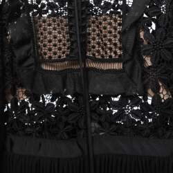 Pre Owned Self-Portrait Black Guipure Lace & Organza Trim Pleated Adeline Dress M