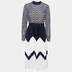 Pre Owned Self-Portrait Navy Blue & White Lace & Pleated Chiffon Midi Dress M