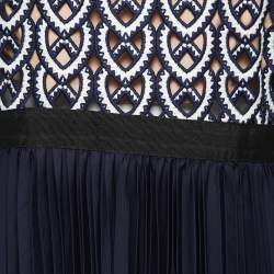 Pre Owned Self-Portrait Navy Blue & White Lace & Pleated Chiffon Midi Dress M