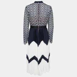 Pre Owned Self-Portrait Navy Blue & White Lace & Pleated Chiffon Midi Dress M