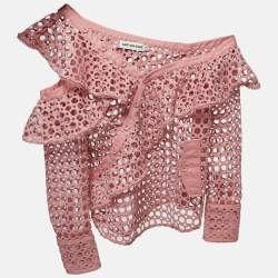 Self-Portrait Pink Guipure Lace One Shoulder Ruffled Top M