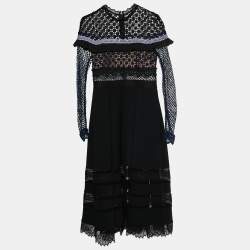 Pre Owned Self-Portrait Black Guipure Lace & Crepe Long Sleeve Midi Dress M