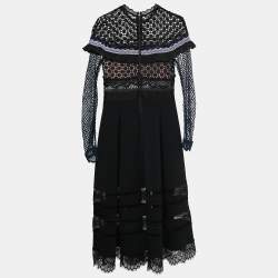 Pre Owned Self-Portrait Black Guipure Lace & Crepe Long Sleeve Midi Dress M