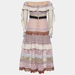 Pre Owned Self-Portrait Pink Guipure Lace Off Shoulder Midi Dress M