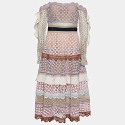 Pre Owned Self-Portrait Pink Guipure Lace Off Shoulder Midi Dress M