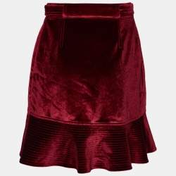 Pre Owned Self-Portrait Burgundy Velvet Ruffled Mini Skirt S
