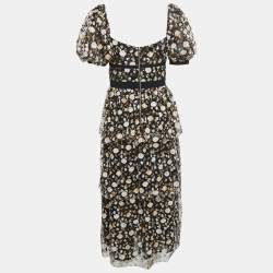 Pre Owned Self-Portrait Black Sequined Tulle Tiered Midi Dress M
