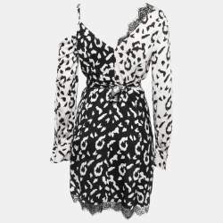 Pre Owned Self-Portrait Black-White Leopard Print Crepe De Chine Lace Trim Wrap Dress M