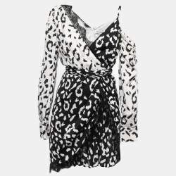 Pre Owned Self-Portrait Black-White Leopard Print Crepe De Chine Lace Trim Wrap Dress M