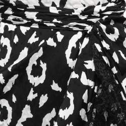 Pre Owned Self-Portrait Black-White Leopard Print Crepe De Chine Lace Trim Wrap Dress M