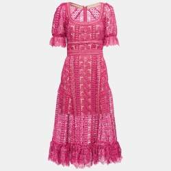 Pre Owned Self-Portrait Dark Pink Guipure Lace Ruffle Detail Midi Dress M