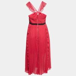 Pre Owned Self-Portrait Pink Dotted Chiffon Ruffled Sleeveless Midi Dress M