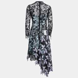 Pre Owned Self-Portrait Black Floral Lace Asymmetrical Midi Dress S