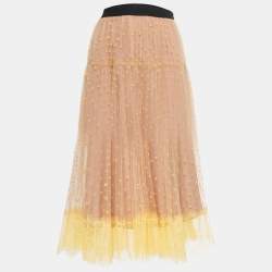 Self-Portrait Beige/Yellow Dotted Tulle Lace Trimmed Elasticized Waist Midi Skirt S
