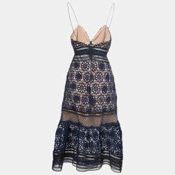 Pre Owned Self-Portrait Navy Blue Floral Lace Strappy Midi Dress S