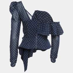 Pre Owned Self-Portrait Navy Blue Swiss Dot Draped One Shoulder Blouse S
