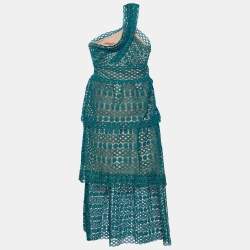 Pre Owned Self-Portrait Green Guipure Lace Tiered One Shoulder Midi Dress S