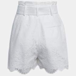 Pre Owned Self-Portrait White Cotton Blend Lace Belted Paperbag Shorts S