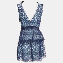 Pre Owned Self-Portrait Blue Lace V-Neck Sleeveless Mini Dress M