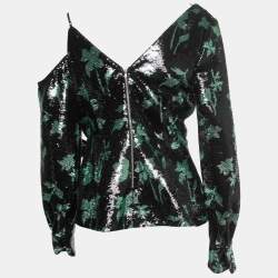 Self-Portrait Black/Green Leaf Dequined Asymmetrical Top M