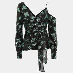Self-Portrait Black/Green Leaf Dequined Asymmetrical Top M