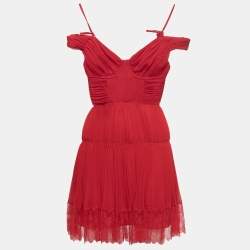 Pre Owned Self-Portrait Red Chiffon Pleated Mini Dress S