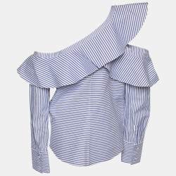 Pre Owned Self Portrait Blue and White Striped Ruffle Detail Off Shoulder Asymmetric Shirt L