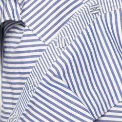 Pre Owned Self Portrait Blue and White Striped Ruffle Detail Off Shoulder Asymmetric Shirt L