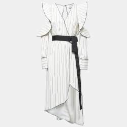 Self-Portrait White Striped Crepe Belted Midi Dress M