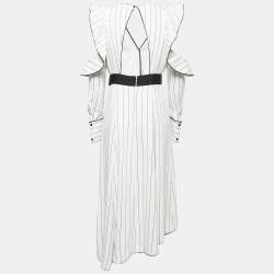 Self-Portrait White Striped Crepe Belted Midi Dress M