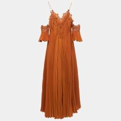 Pre Owned Self-Portrait Orange Pleated Crepe Lace Trimmed Midi Dress S