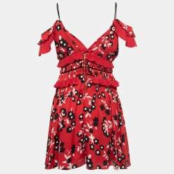 Pre Owned Self-Portrait Red Floral Printed Crepe Ruffled Mini Dress M