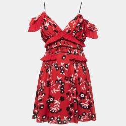 Pre Owned Self-Portrait Red Floral Printed Crepe Ruffled Mini Dress M
