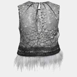 Self-Portrait Black Lace Tulle Overlay Feather Trim Top S