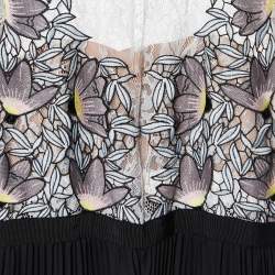 Pre Owned Self-Portrait Blue Lace & Black Pleated Crepe Applique Detail Moni Maxi Dress L