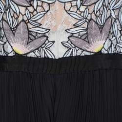 Pre Owned Self-Portrait Blue Lace & Black Pleated Crepe Applique Detail Moni Maxi Dress L