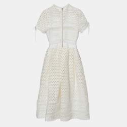 Self-Portrait White Guipure Lace Paneled Midi Dress M